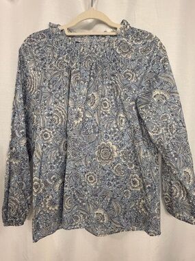 Talbots Blue White Floral Smocked Neck Blouse Long Sleeve M NWT